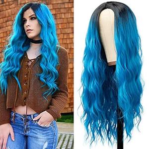 Kaneles Blue Wigs for Women Ombre Long Blue Fluffy Curly Wavy Colorful Wigs for Daily Party Halloween Cosplay
