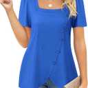 VALOLIA Women's Short Sleeve Tops Square Neck Shirts for Women Buttons Side Tulip Hem T-Shirts