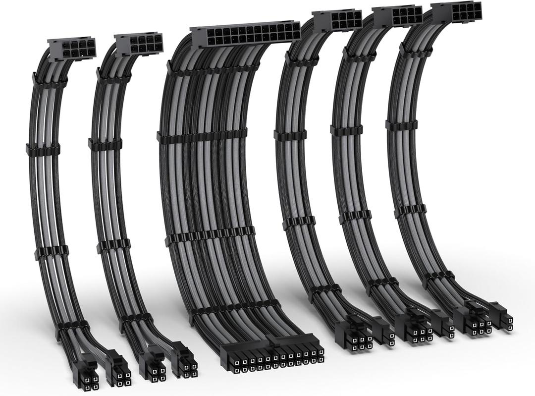 EZDIY-FAB PSU Cable Extension Kit,16AWG Power Supply Extension Cable,1x24Pin/2x4+4 EPS/3x6+2 PCI-E,Custom PC Sleeve Cable 300MM with Combs-Black Grey