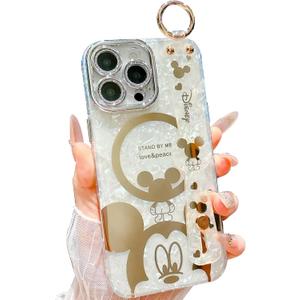 for iPhone 16 Pro Case, Cute Cartoon Mouse Pattern with Wrist Strap Kickstand, Glitter Bling IMD Design, Soft TPU Shockproof Full-Body Protection, for Girls & Women