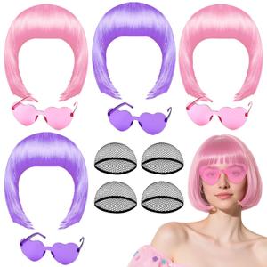 PLULON 4 Pcs Colorful Bob Wigs with Heart Plastic Sunglasses Hair Cap for Women Men, Pink Purple Neon Short Bob Wig Colored Funny Cosplay Hair for Daily Bachelorette Halloween Costume Party Decor
