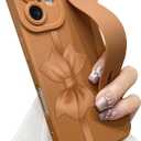 Cute Bow Case for iPhone 16 with Finger Hand Wrist Strap | Ribbon Design with Adjustable Wristband Kickstand Soft TPU Camera Protection Phone Cover for Women Girls - Brown Bow