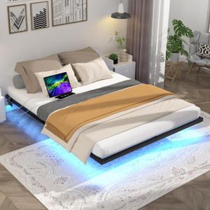 Floating Bed Frame Full Size with LED Lights and Charging Station, Metal Platform Bed, Easy Assembly No Box Spring Needed