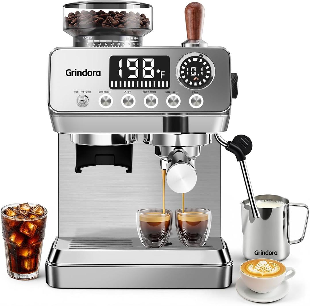 Espresso Machine with Grinder,20 Bar,44 Grind Setting,Milk Frother | Stainless Steel Coffee Machine, Easy-Clean, PID Temp Control, Built-in Grinder, Latte, Cappuccino, Americano & Hot/Cold Brew