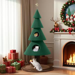 DWVO 60" Christmas Cat Houses for Indoor Cats, Christmas Cat Tree Tower with 2 Cozy Houses, Kitty Furniture with Teaser Plaything for Christmas Decoration