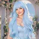 NOSTALGIA Blue Wigs for Women 26 Inch Blue Wig with Bangs Long Wavy Synthetic Heat Resistant Wig for Daily Cosplay Use
