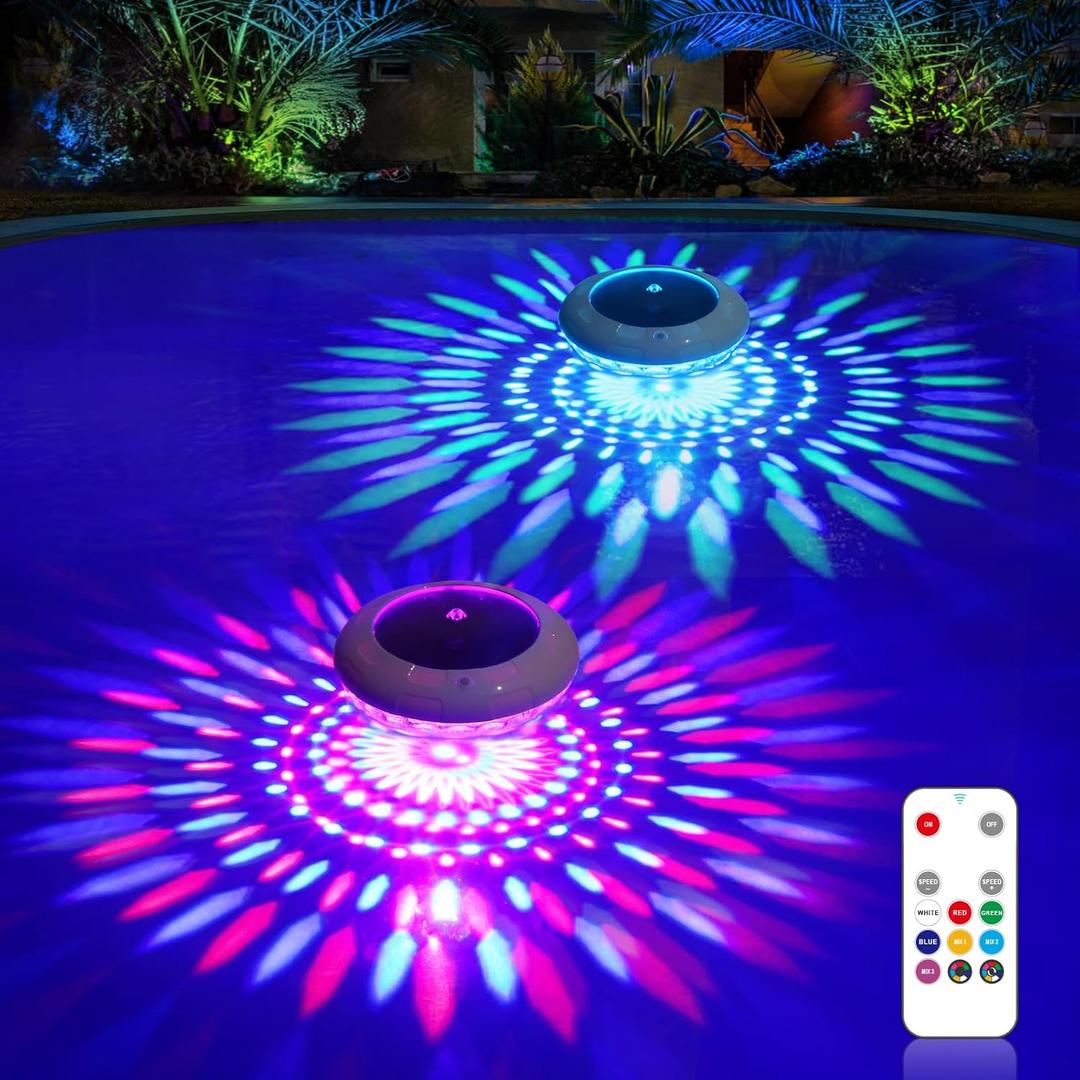 Floating Pool Lights w/Remote, 6.5 Inch RGB Color Changing Solar Pool Lights That Float with 9 Dynamic Lighting, IP68 Waterproof Hangable Solar Floating Light for Pool Garden Weeding Decor(2)