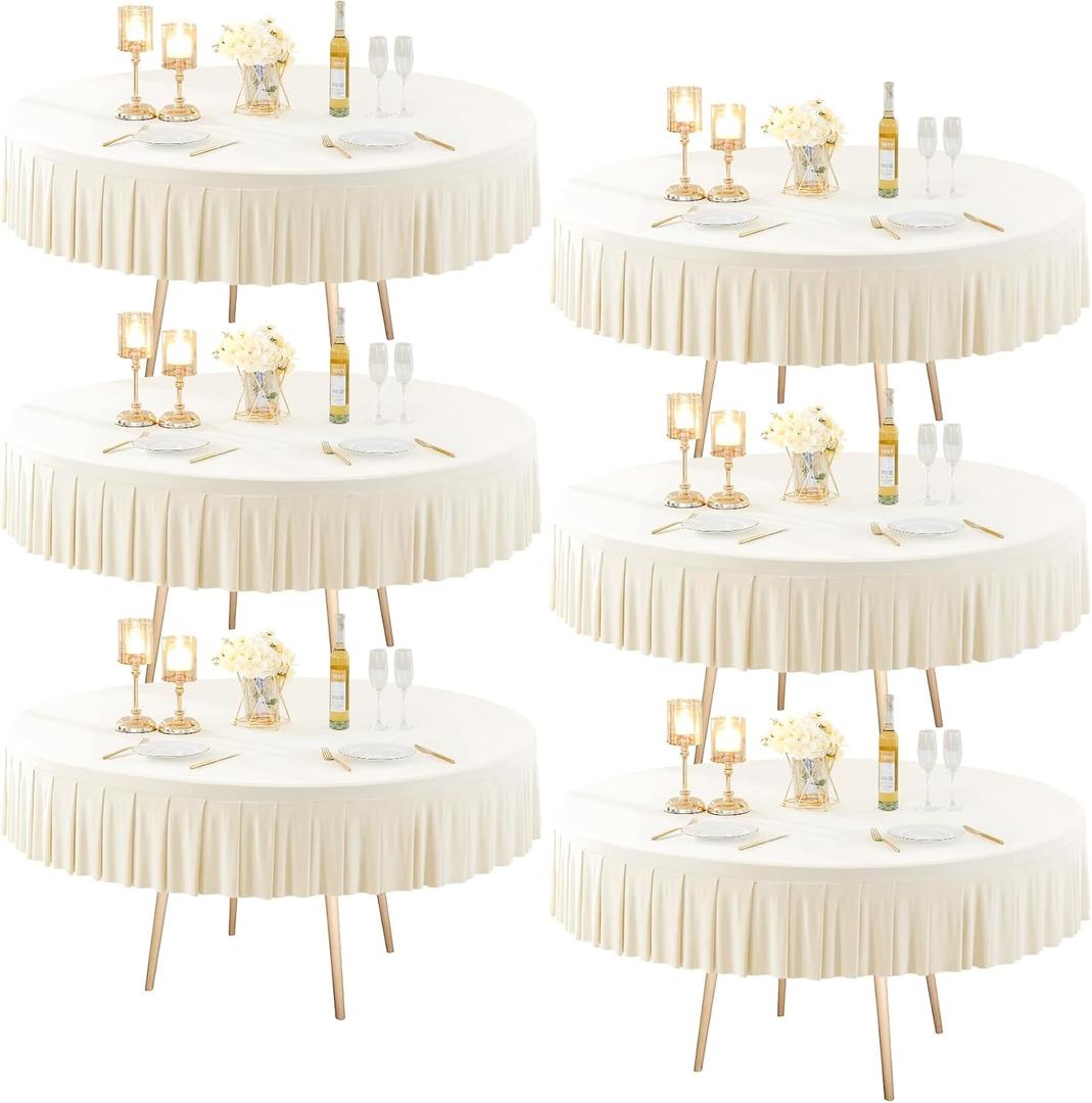 6 Pack Ivory Spandex Round Tablecloths 72 inch, Stretchy Fitted 6FT Table Cloths Wrinkle Free Round Table Covers with Skirt for Wedding Banquet Birthday Party Buffet Restaurant
