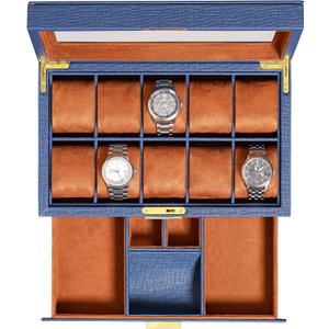 ROTHWELL 10-Slot Watch Box in Leather with Valet Drawer, Luxury Watch Case Display Organizer with Ultra Soft Microsuede Liner, Jewelry and Sunglass Holder With Large Glass top (Blue/Tan)