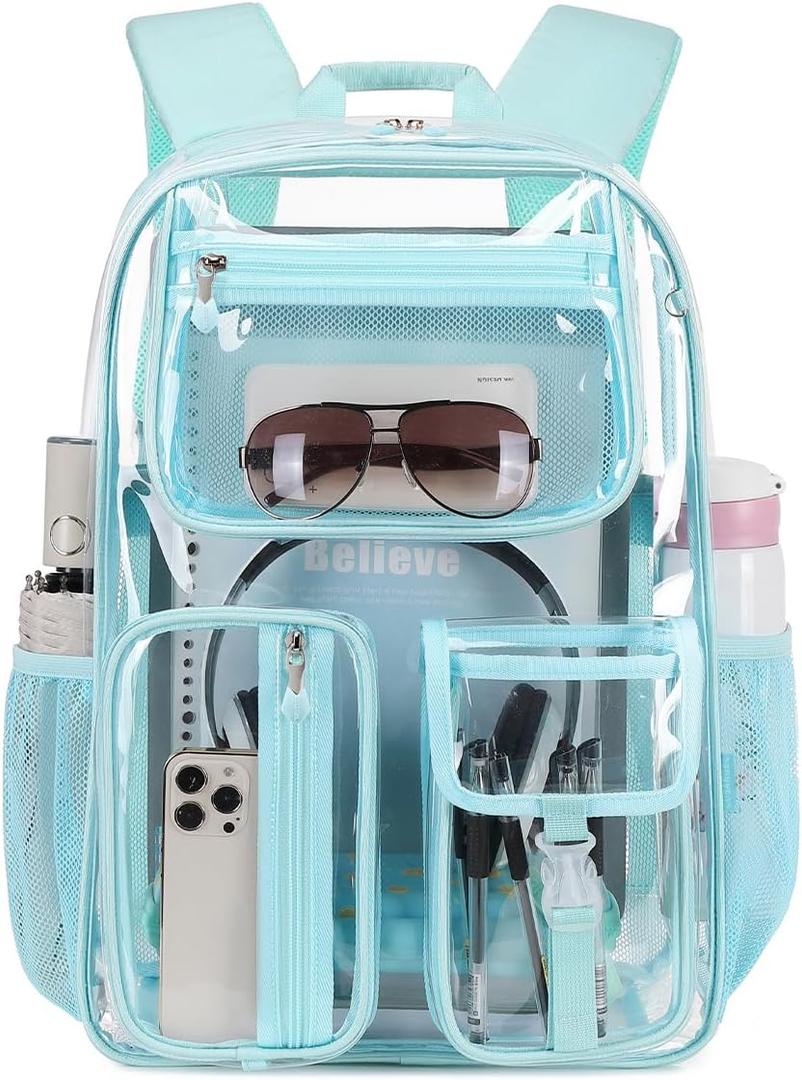 Cusangel Clear Light Blue Backpack For Girls, Heavy Duty Transparent BookBag, 16inch TPU Large Capacity See Through Bag for Sport Events, Travel, Stadiums, Work (Aqua)