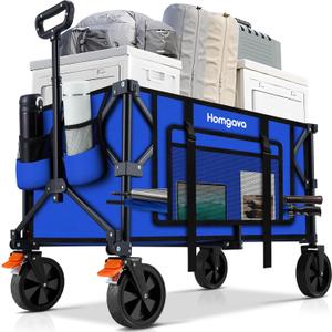 140L Collapsible Folding Wagon Cart with 350LBS Resting Weight Capacity, Heavy Duty Garden Cart with All-Terrain&Brake Wheel, Utility Wagon with Side Pocket for Camping,Shopping,Sports,Blue
