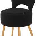 Small Vanity Stool Chair with Storage and Folding Back,4 Metal Legs with Anti-Slip Feet,Round Ottoman with Velvet Seat, Furry Padded Seat for Makeup, Bedroom (Black, Small)