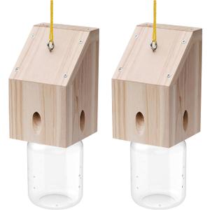 Carpenter Bee Trap for Outside - Shed Style Nature Hanging Wood Trap for Outdoor with Removable Bee Vault Plastic Jar (2 Pack)