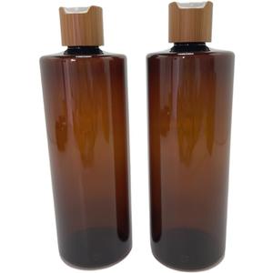 Empty Cosmetic Bottles 16oz/500ml 2 PACK With Bamboo Disc Top Flip Cap for Shampoo Lotion Liquid Soap,Cream,Refilable Plastic Squeeze Travel Size Toiletry Bottles Brown (500ml+500ML, Brwon)