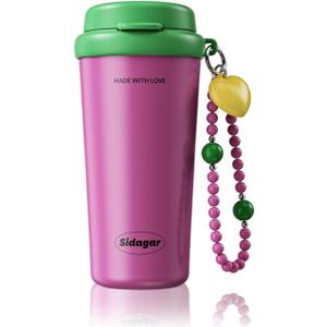 16oz Ceramic Lined Coffee Mug with Heart Charm, Leak-Proof Vacuum Insulated Travel Tumbler, Reusable Stainless Steel Cup for Women, Yoga & Commute - Berry Purple