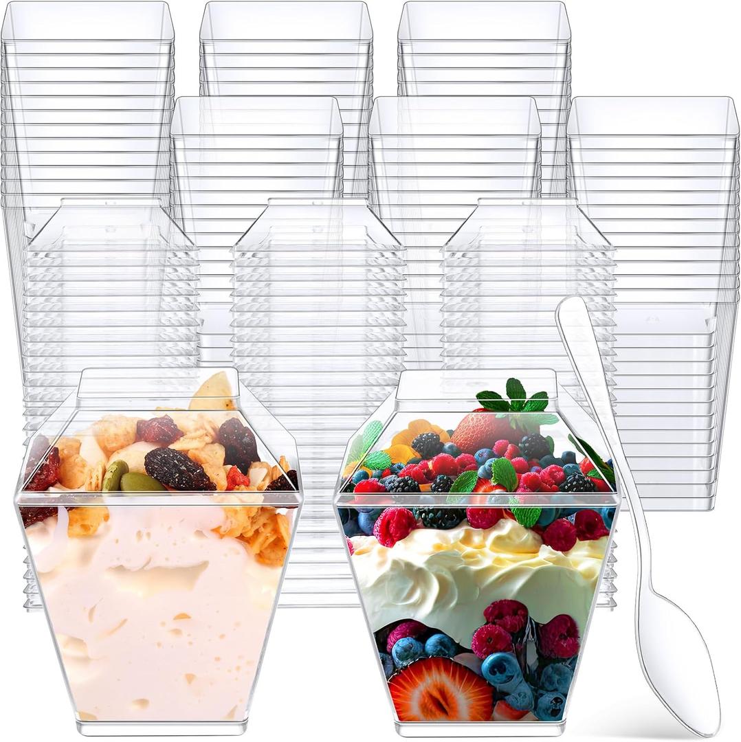 600 Pcs 3.4 oz Mini Dessert Parfait Cups with Lids and Spoons, Clear Square Appetizer Cups Disposable Plastic Dessert Bowls for Pudding Fruit Ice Cream Wedding Baby Shower Birthday Decorations