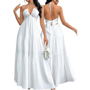Narecte Women's Maxi Summer Dresses Halter V Neck Beach Dresses for Women A-Line Casual Dress for Vacation (White) L