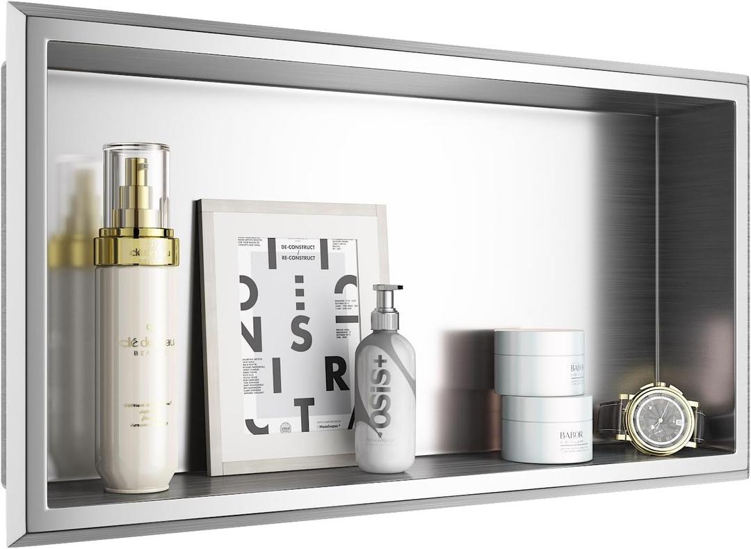 304 Stainless Steel Shower Niche, 24" X 12" No Tile Needed Recessed Wall Niche for Bathroom Storage, Space Saving Built-in Wall Niche for Bathroom, Toilet, Kitchen (Brushed Nickle)