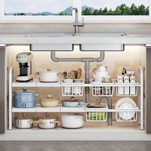 Under Sink Organizer2 Tier Expandable Heavy Duty Metal Shelfwith 5 Removable Panels and 5 Storage Basket for Under Kitchen Bathroom Sink Organizers and Storage(White, Large)