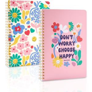 Kaco Pack 2 Cute Mini Spiral Notebooks, Set of 2 For Women, 8.2'' x 5.9'' Hardcover Journal 120 x 2 Lined Pages with Pocket and Sticker (Floral)