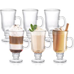 ZENFUN Set of 6 Irish Coffee Mugs, 8 Oz Glass Footed Espresso Cups with Handles, Clear Goblet Mugs Glasses for Coffee, Latte, Cappuccino, Smoothie, Hot&Cold Beverage