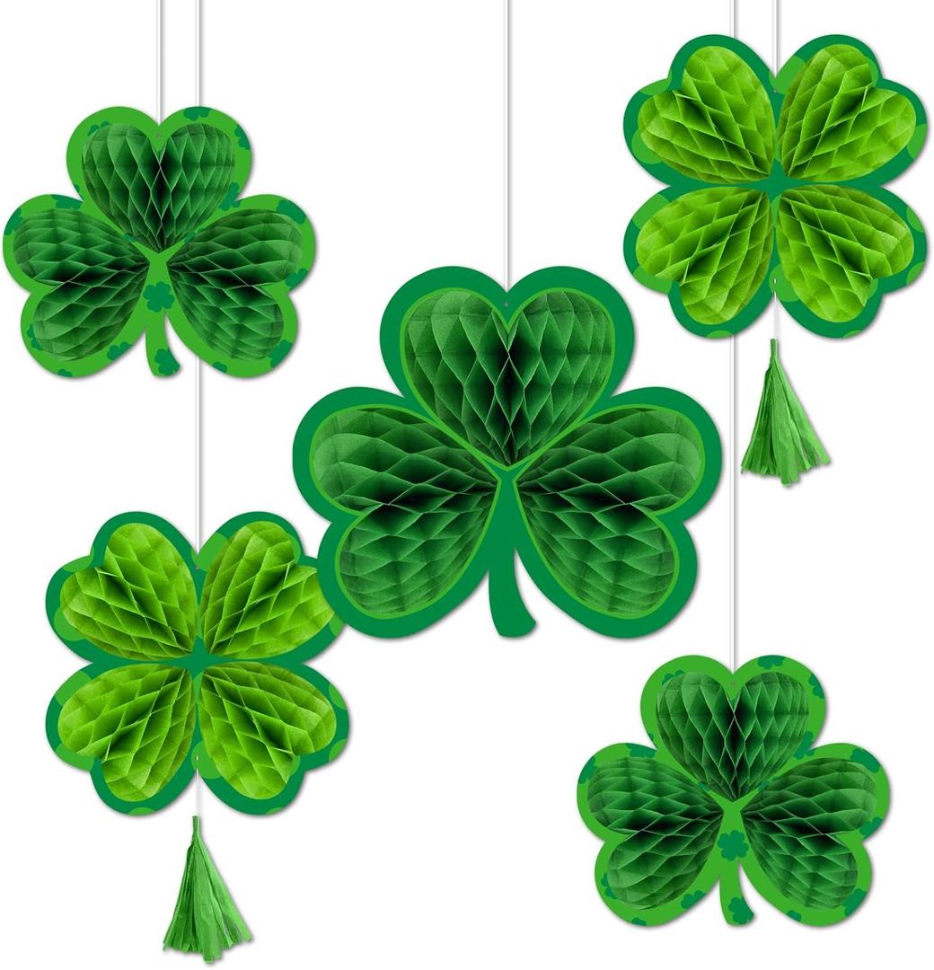 5 Pcs St. Patrick's Day Hanging Shamrock Decorations 3D Paper Shamrocks Honeycomb St Patricks Day Accessories Irish Party Ornaments for Home Birthday