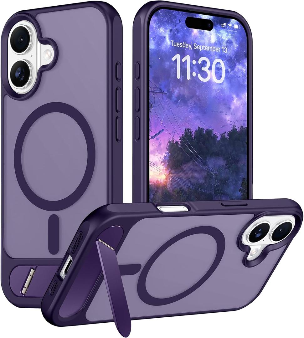 Temdan Magnetic Compatible with iPhone 16 Case, [Built-in Invisible Kickstand][Compatible with MagSafe] [Military Grade Shockproof] Slim Translucent Matte Phone Case for iPhone 16 6.1" (Purple)
