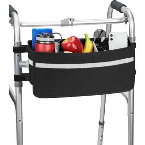JOYTUTUS Walker Basket for Seniors, Basket for Walkers with Cup Holder, with Two Split Board, Foldable Walker Storage Bag, Best Gift for Family and Friends, Black (Not Fit Rollator Walkers)
