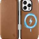 SHIELDON Slim Wallet Case for iPhone 16 Pro Max 6.9", Genuine Leather Slim Folio Magnetic Wireless Charging Card Holder Shock-Absorbent Cover Compatible with iPhone 16 Pro Max - Saddle Brown