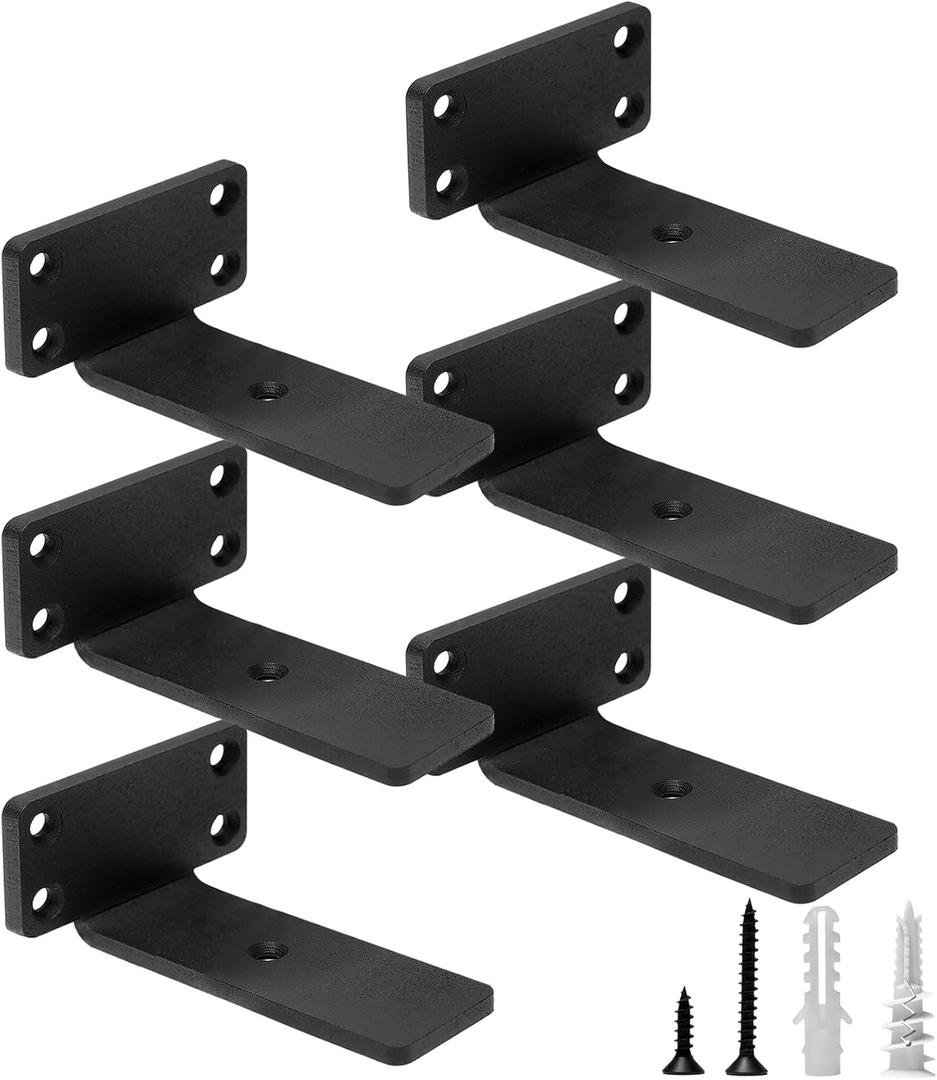 HITOMEN Heavy Duty Floating Shelf Brackets, 4-Inch (1/5'' Thick) Hidden Shelves Hardware, Iron L Brackets, Rustic Industrial Black Metal Wall Shelving Supports, 6 Pack