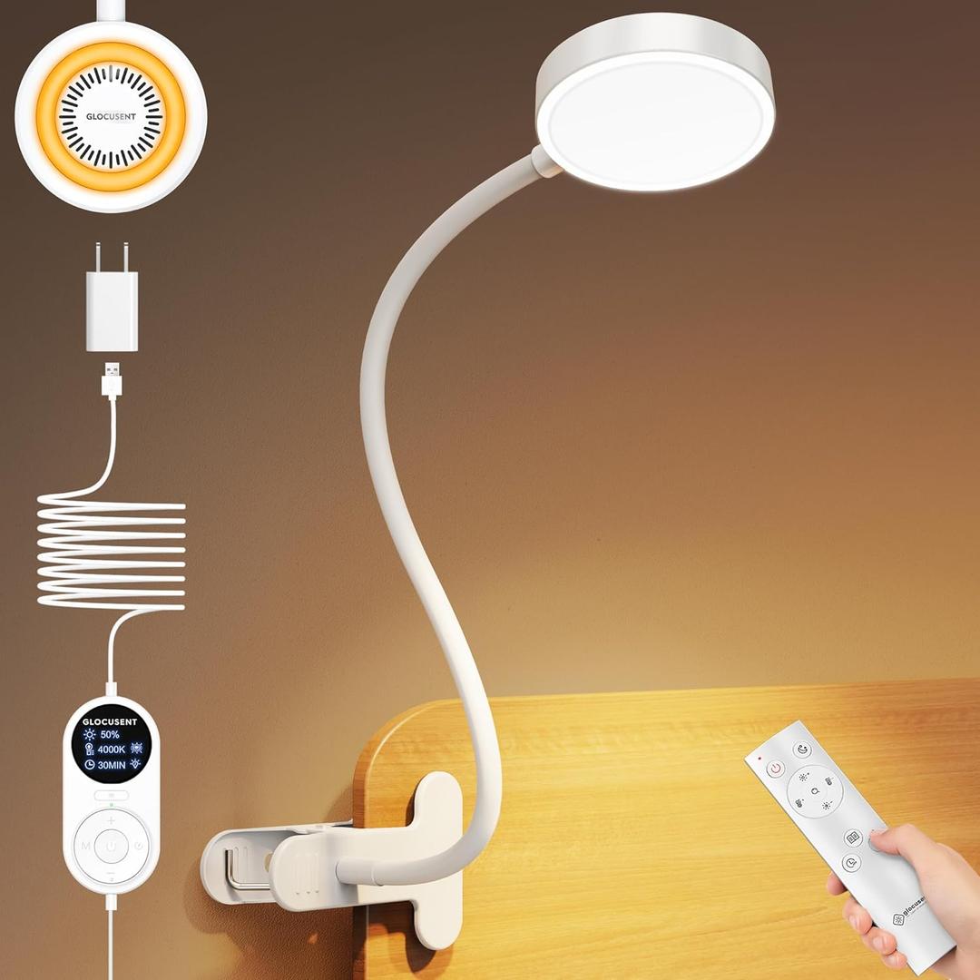 Glocusent 72 LED Clip on Lamp with Remote, Reading Light with Amber Ring, 3 Colors & 5 Dimmable Bed Lamp, 30/60-Min Auto Off Timer, Clamp Light for Headboard/Dorm/Bunk (White)
