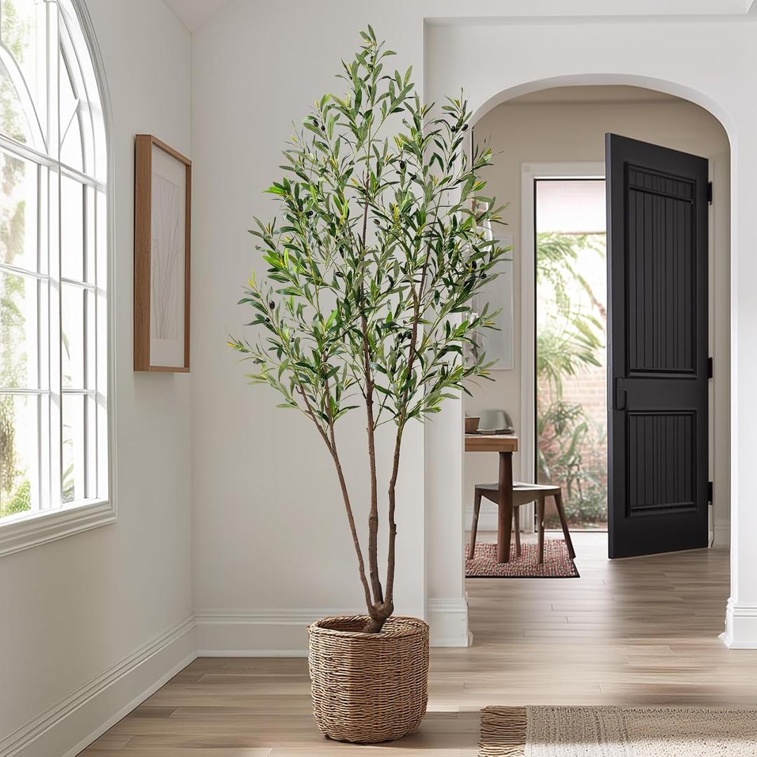 Bailikang 6FT Artificial Olive Tree Artificial Olive Plants, Tall Faux Olive Tree Faux Silk Plant Fake Plant Ultra-Realistic Silk Leaves & Natural Trunk Indoor Outdoor Use