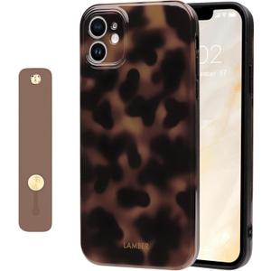 NITITOP Compatible with iPhone 12 Case with Wrist Strap Cute Stylish Leopard Aesthetic Tortoise Amber Design for Women Girls Men Soft TPU Shockproof Protective Cover - Brown
