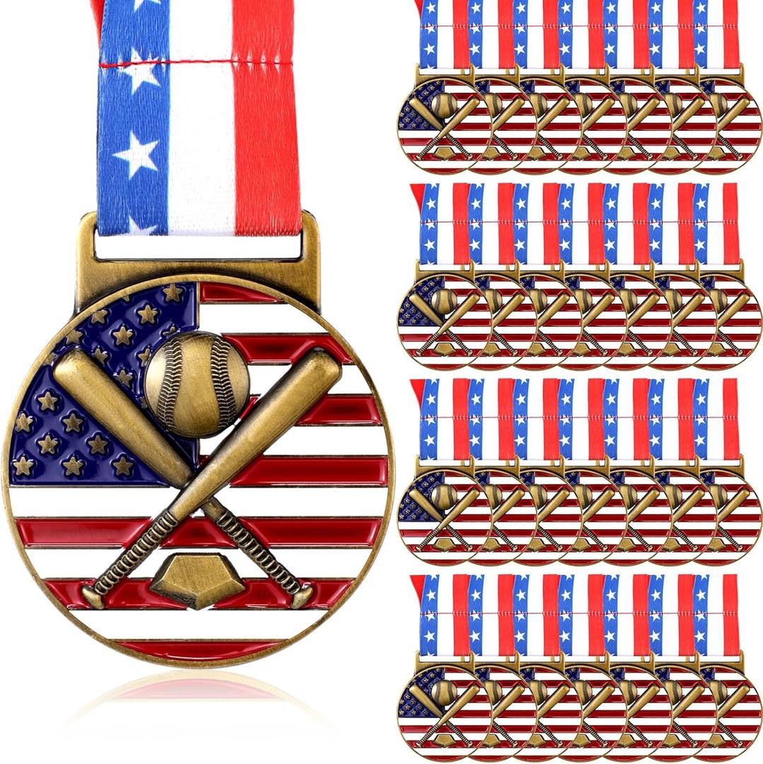 30 Pieces Patriotic Medals Gold Medals Bulk Trophy with Neck Ribbons Spirit Medallion with Stars Stripes American Flag for Sports Trophy Participation Winner Gift
