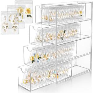 Vowcarol Earring Holder Organizer, 4 Drawers Clear Acrylic Jewelry Organizer Box with 100 Portable Pouches, Jewelry Storage Case for Earrings and Rings
