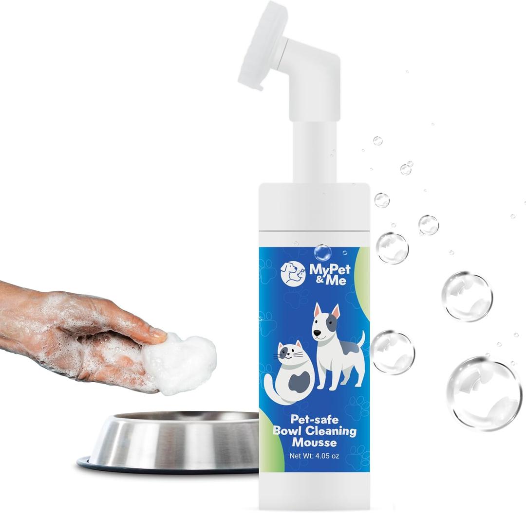 My Pet & Me Pet Bowl Cleaner Mousse, Enzyme Foaming Dog & Cat Bowl Cleaner with Built-in Brush, Rinse-Clean Pet Safe Formula for Water Fountains & Toys