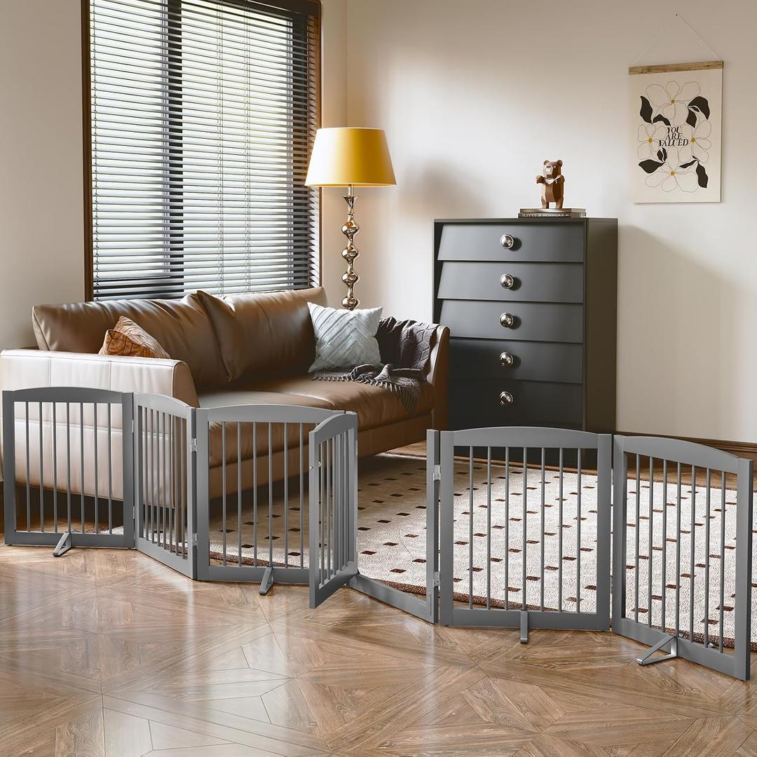 PUPETPO Freestanding Pet Gates with Walk Through Door, Dog Indoor Fence, Dog Gate for The House, Doorway, Stairs, Extra Wide Pet Gate, Support Feet Included, 120 Inch Wide, 6 Panels 24" Tall, Gray