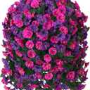 Artificial Fake Flowers Plants Hanging Baskets for Outdoor Outside, Faux Silk Hanging Dark Purple and Fuchsia Morning Glory Trailing Vines UV Resistant Look Real for Porch Patio Home Decoration
