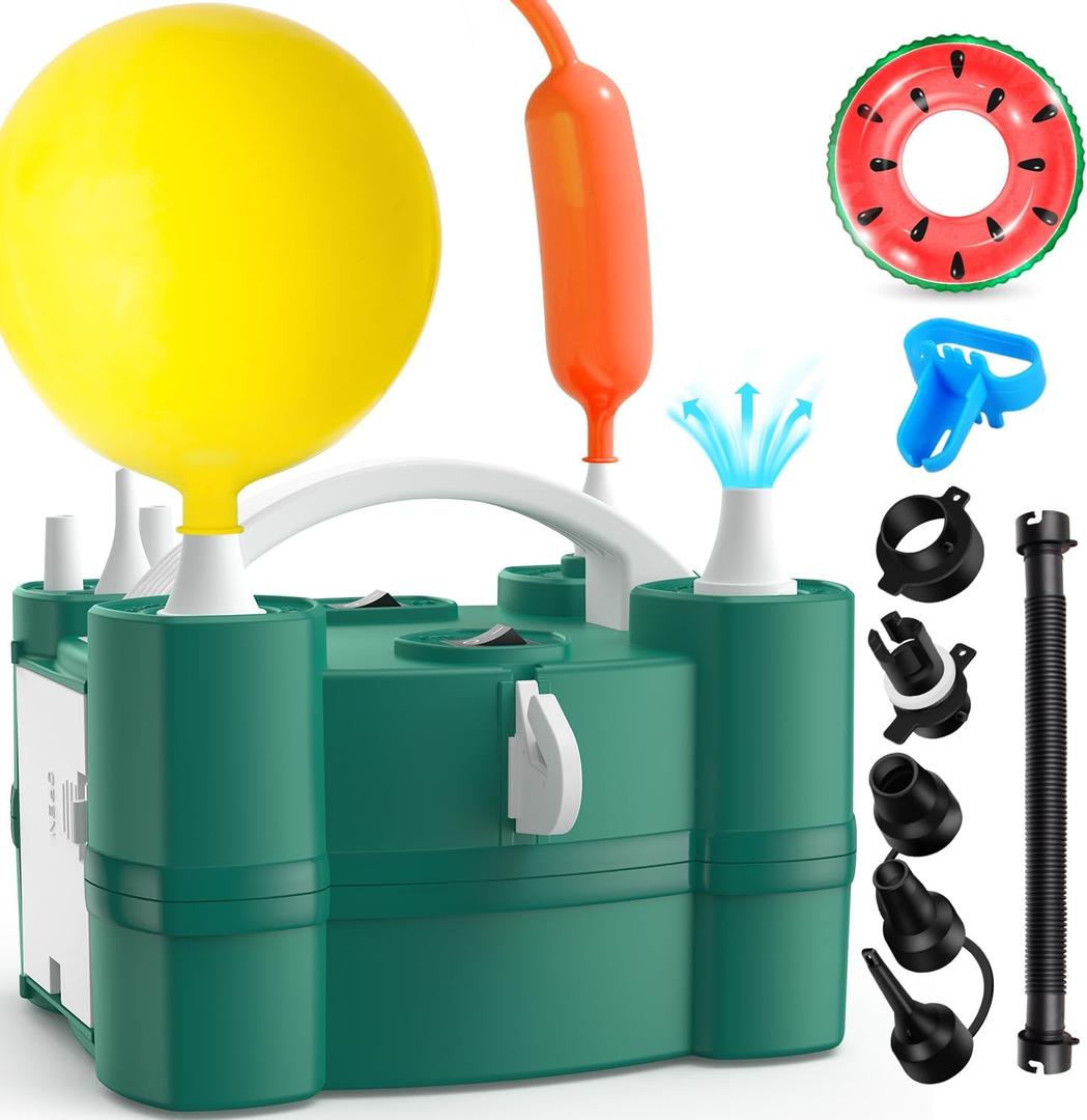 Balloon Pump 3-in-1 Electric Air Pump for All Balloons& Inflatables, Triple Inflating Ports for Latex 260q Foil Mylar Balloon Inflation, Quick-Fill Inflator Deflator for Pool Floats Air Beds (Green)