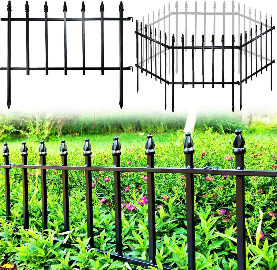 Metal Decorative Garden Fence 22" Wide x 18" High (10 Panels, Total Length 18.3 feet), Metal Border Folding Fence, Landscape Fencing for Flower Bed, Yard, Animal Barrier (Black)