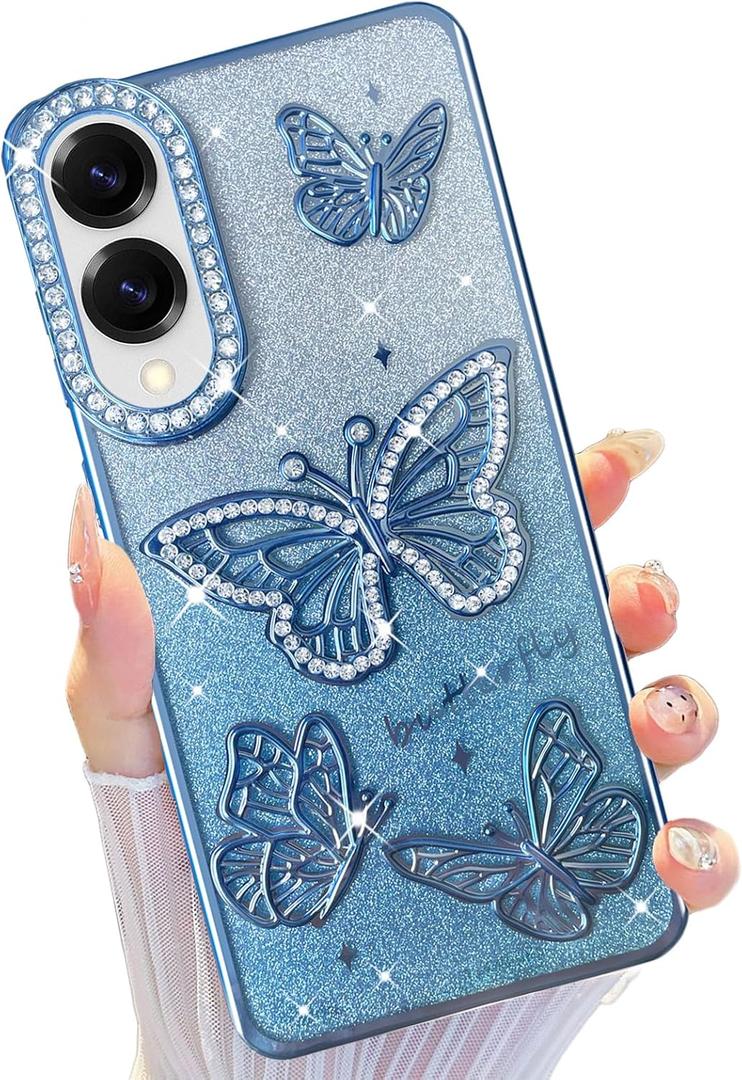for Samsung Galaxy S25 Edge Glitter Case 3D Butterfly Pattern Blue