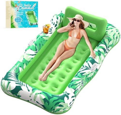 Pool Floats Adult,76" x 48" XL Inflatable Tanning Pool Lounger Float with Pillow,4 in 1 Suntan Tub Sunbathing Raft Floatie Water-Filled Mattress Kids Pool Ball Pit, Perfect for Lake River Party & Relax
