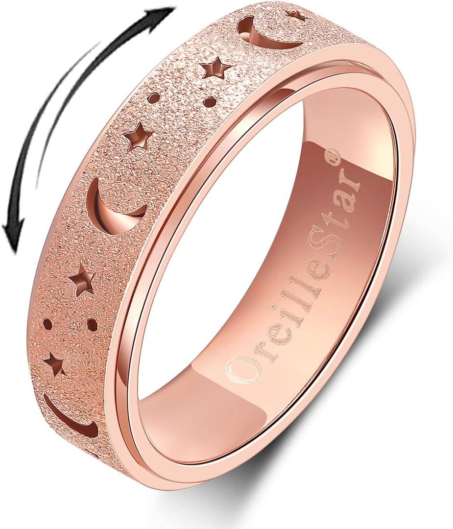 OreilleStar Anxiety Spinner Ring for Women: Fidget Toys for Adults, Titanium Stainless Steel Thumb Ring for Men, Moon Star Rose Gold (9)