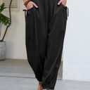 Dokotoo Women Linen Wide Leg Pants Casual Elastic Waist Lounge Palazzo Harem Pants with Pockets M