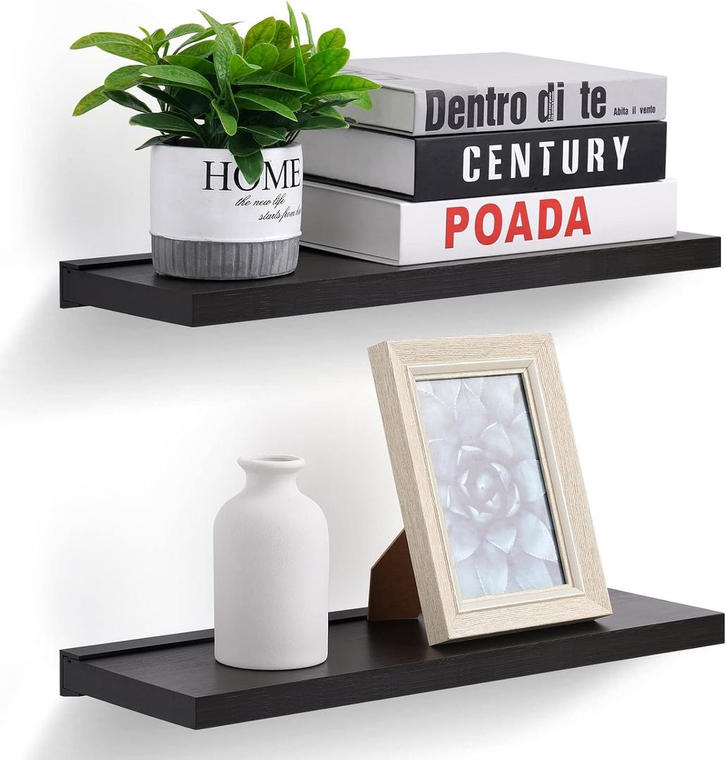 Meangood Floating Shelves Black 17 inch Wall Mounted Natural Bamboo Wood Wall Storage Shelves for Bedroom,Living Room,Bathroom, KitchenSet of 2