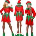 Newcotte Christmas Elf Costume Set Kids Women Costume Suit Hat Dress Stocking Shoe Belt Xmas (Large, Classic Color)