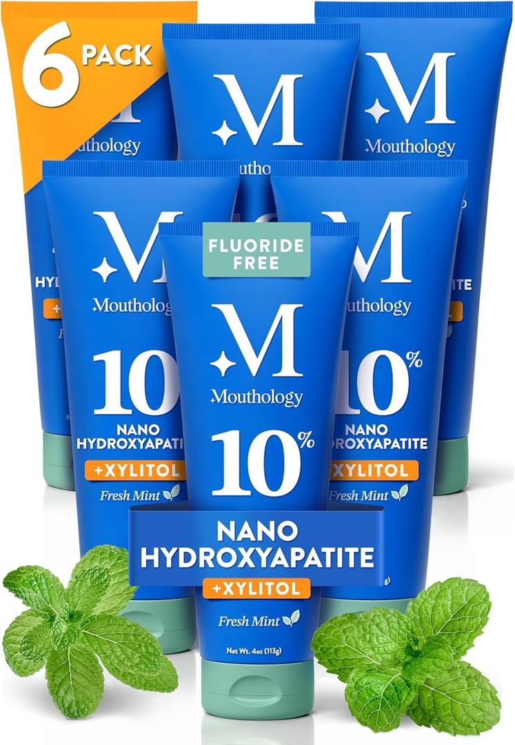 Mouthology 10% Nano Hydroxyapatite Toothpaste (6pk, Fluoride Free), Whitening*, Supports Enamel Care*, Appropriate for Sensitive Teeth*, SLS Free, Xylitol nHA Toothpaste Adults, Mint 4oz (USA Made) Best By 07/2028