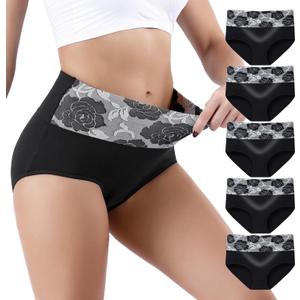 Honzadar Women Underwear Breathable Panties Cotton Tummy Control High Waist Briefs Full Coverage Panty Multipack (Large, Black-5pack)
