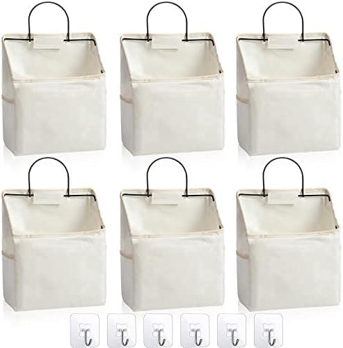 Chumia 6 Pack Wall Hanging Storage Basket Bathroom Closet Hanging Storage Bag Over The Door Organizer Basket Bedroom Wall Organizer Waterproof Linen Cotton Box Containers and 10 Hooks(White)