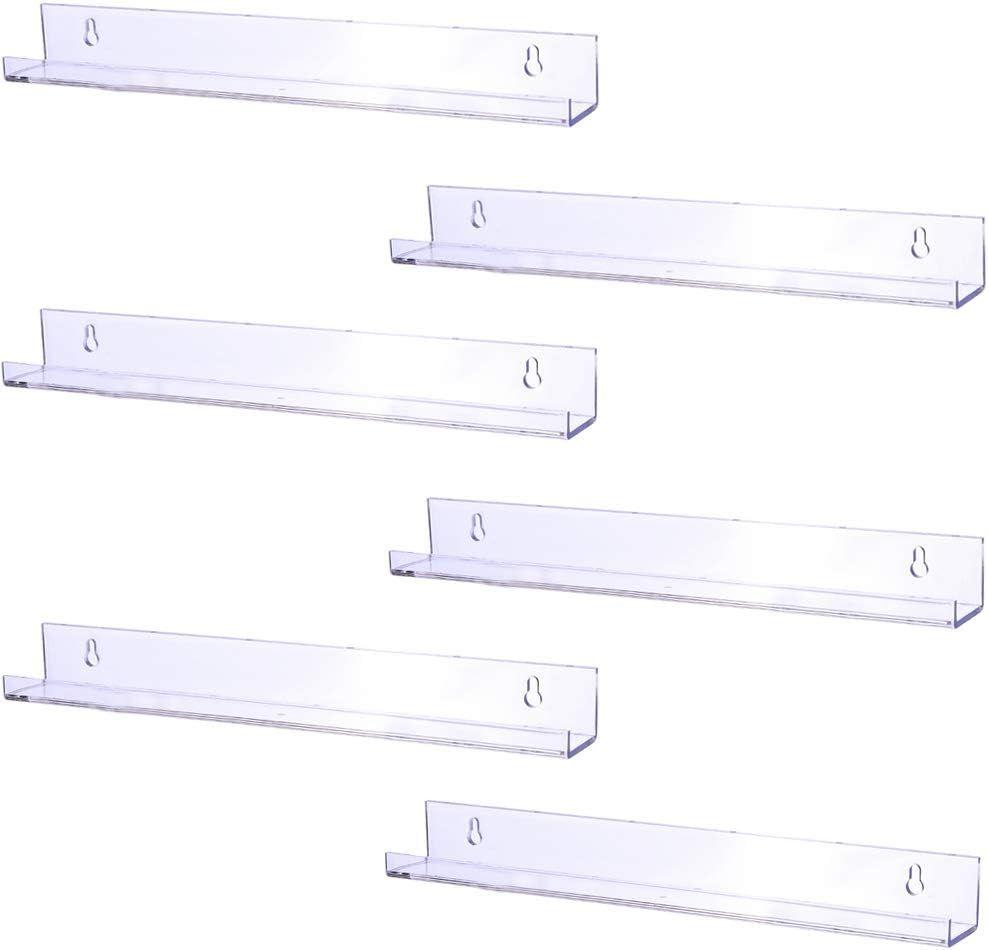 Sooyee 6 Pack 15 Inch Acrylic Invisible Kids Floating Bookshelf for Kids Room,Modern Picture Ledge Display Toy Storage Wall Shelf,Clear